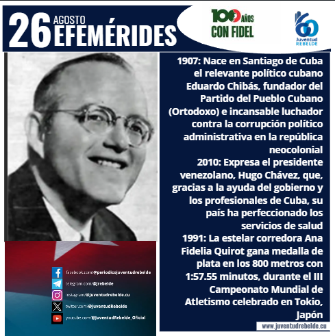 Resumen de Efemérides hoy 26 de agosto en #Cuba 🇨🇺

 #CubaViveEnSuHistoria 
#ConLaFuerzaDeLaUnidad 
#CubaEstáFirme 
#100AñosConFidel