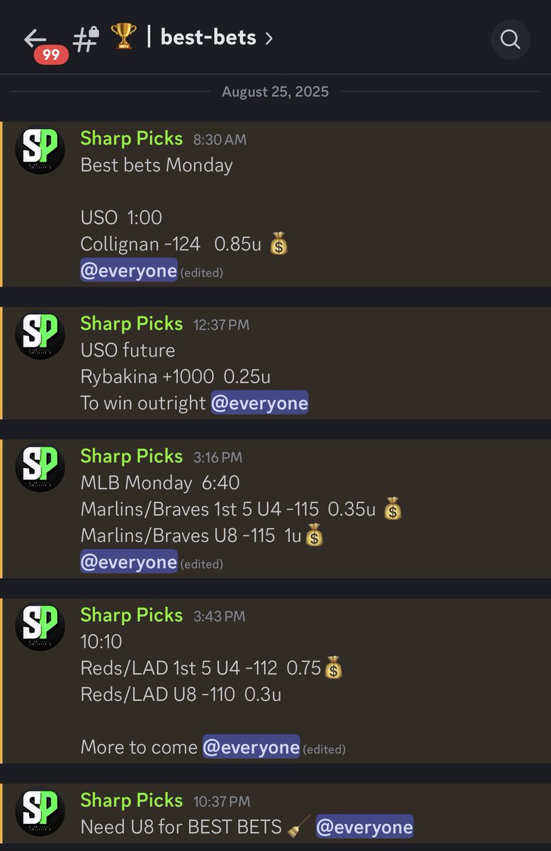 SharpPickss's tweet image. SPC BEST BETS MONDAY 

💰Collignan -124 
💰Marlins/Braves 1st 5 U4 -115 
💰Marlins/Braves U8 -115
💰Reds/LAD 1st 5 U4 -112 
⏳Reds/LAD U8 -110

Need U8 for BEST BETS SWEEP 🧹🧹🧹