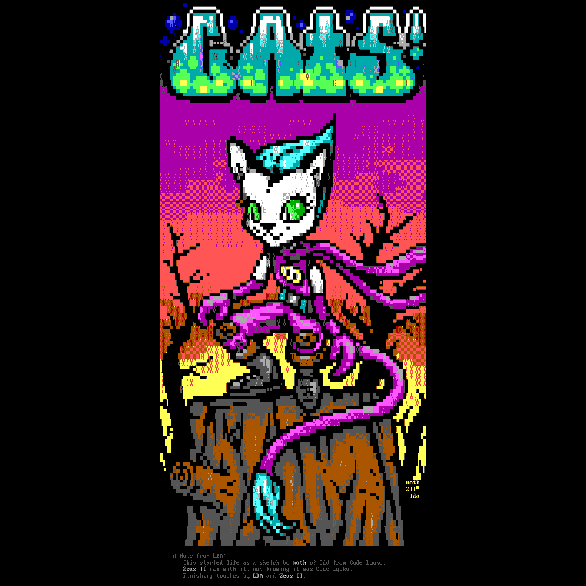 Mistigram: Moth started an #ANSIart sketch but made a mistake, leaving it up on our networked Moebius server for others to add to.  Zeus II &amp; LDA did, keeping the pose &amp; taking things in a different direction.  This piece was included in the recent #cat-themed MIST0725 artpack.