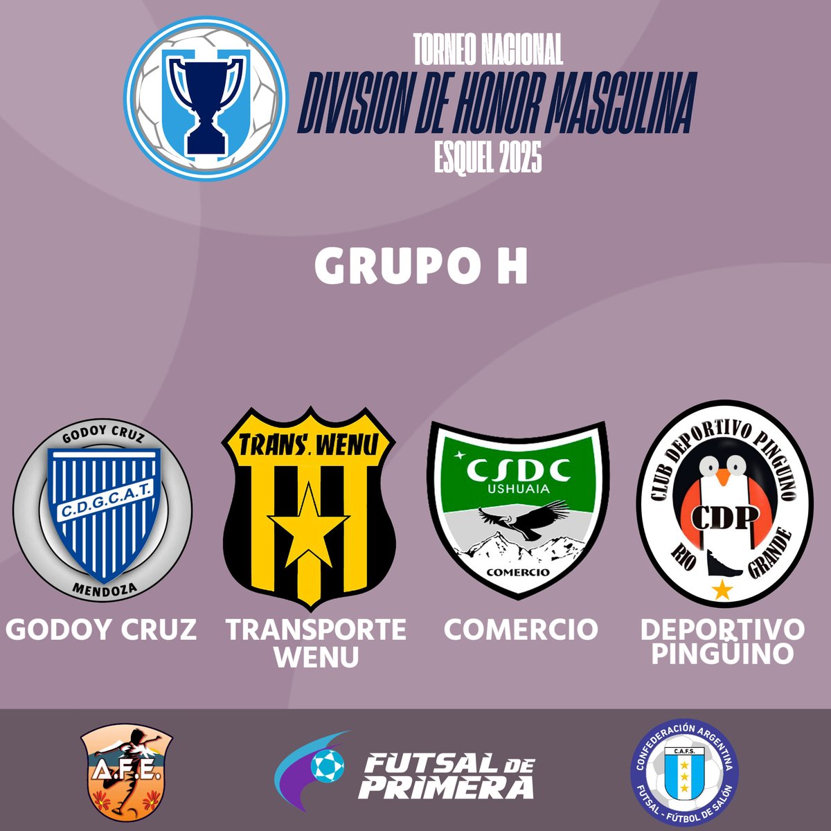 #DivisiónDeHonor

🏟️ Esquel - Trevelin (Chubut)

🗓️ 14/9 al 20/9

Grupo H

👉 Godoy Cruz: debut en la DDH
👉 Transporte Wenu (Esquel)
👉 Comercio (Ushuaia)
👉 Deportivo Pingüino (Río Grande)