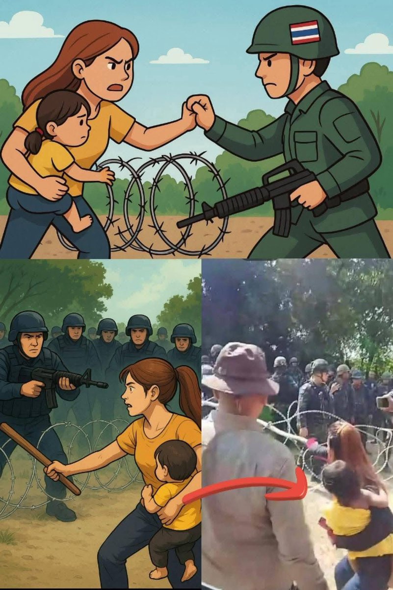 GODVERSEWORLD's tweet photo. “One hand holds the baby. The other pushes away the barbed wire. Horrible. Horrible!

Thailand broke the ceasefire — the deal we made, they broke it! Totally disgraceful. Cambodia’s people are being trapped on their own land. Mothers, children, families...  suffering. What ? https://t.co/gAt7BvTdOG