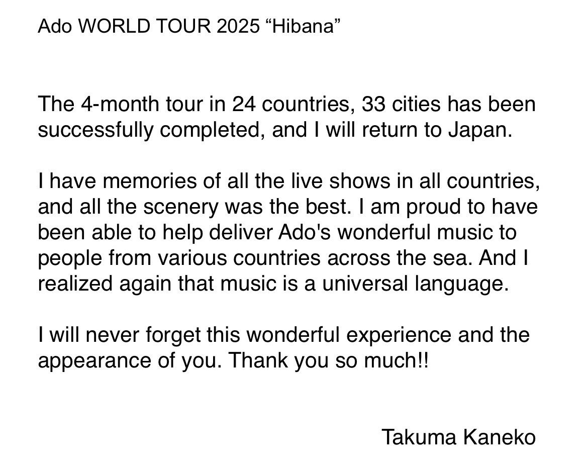 kumakitirou's tweet photo. Ado WORLD TOUR 2025 “Hibana”

本当にありがとうございました！！
Thank you so much‼︎‼︎ https://t.co/nhs8SAg1EK