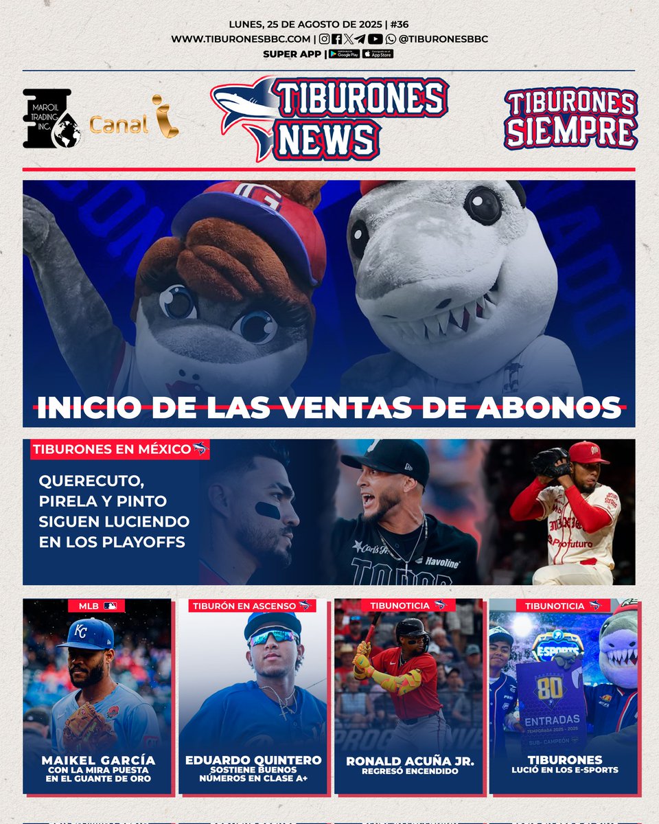 Tiburones News #36
📌 Inicio de las ventas de abonos 
📌 Tiburones siguen luciendo en playoffs
📌 Eduardo Quintero sostiene buenos números en Clase A+
📌 Maikel García con la mira puesta en el Guante de Oro
📌 Ronald Acuña Jr. regresó encendido
📌 Tiburones lució en los E-Sports