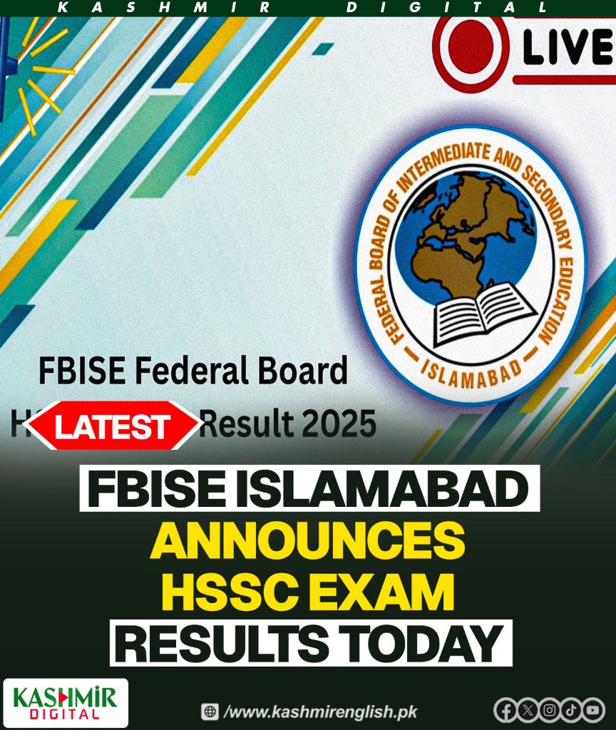 KashmirDigital1's tweet image. The Federal Board of Intermediate and Secondary Education (FBISE), Islamabad will announce the result of HSSC (Part I &amp;amp; II) 1st Annual Examinations 2025 today (Tuesday, 26 August 2025) at 11:30am.

To read more visit: kashmirenglish.pk/fbise-islamaba…

#FBISE #FBISEIslamabad #Result2025