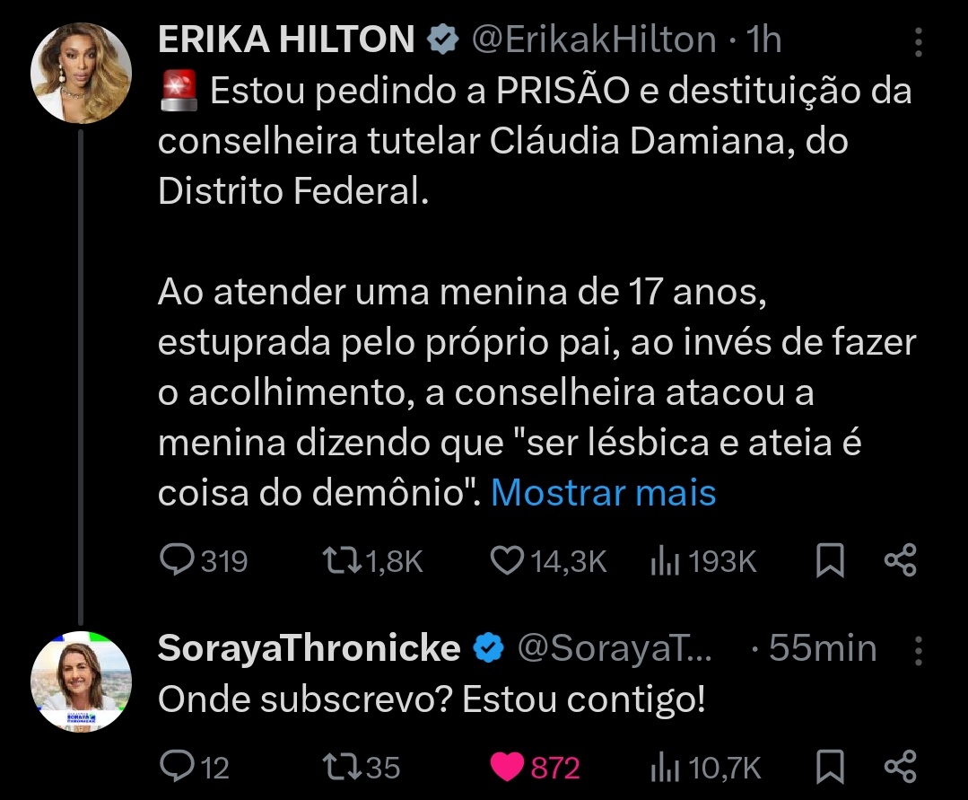 Bruno Brezenski (@bbbrezenski) on Twitter photo Esse tipo coisa que engrandece o Congresso.
Parabéns <a href="/ErikakHilton/">ERIKA HILTON</a> e <a href="/SorayaThronicke/">SorayaThronicke</a>.
É um assunto sério e deveriam tbm abrir algum tipo de investigação nos Conselhos Tutelares, há muita denuncia e pouca ação, a do Felca escancarou uma situação complicada dos Conselhos. Esse tipo coisa que engrandece o Congresso.
Parabéns <a href="/ErikakHilton/">ERIKA HILTON</a> e <a href="/SorayaThronicke/">SorayaThronicke</a>.
É um assunto sério e deveriam tbm abrir algum tipo de investigação nos Conselhos Tutelares, há muita denuncia e pouca ação, a do Felca escancarou uma situação complicada dos Conselhos.