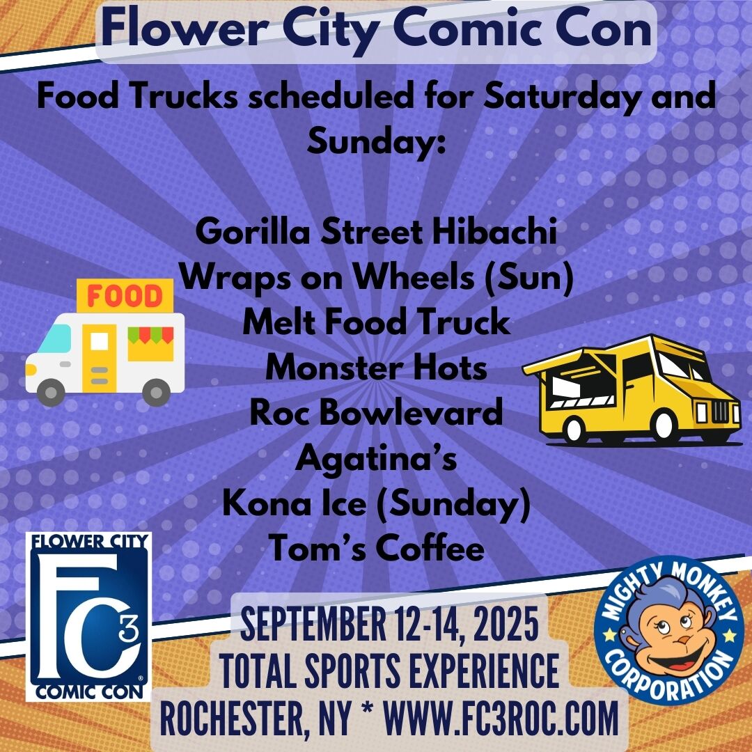 fc3roc's tweet image. This is our current food truck lineup for Saturday and Sunday. We are still hoping to get a truck or two for Friday, and will let you know when that happens! We're getting closer by the day - we hope you're as excited as we are for this year!! #FC3 #ExperienceFC3 #WhereItAllComes