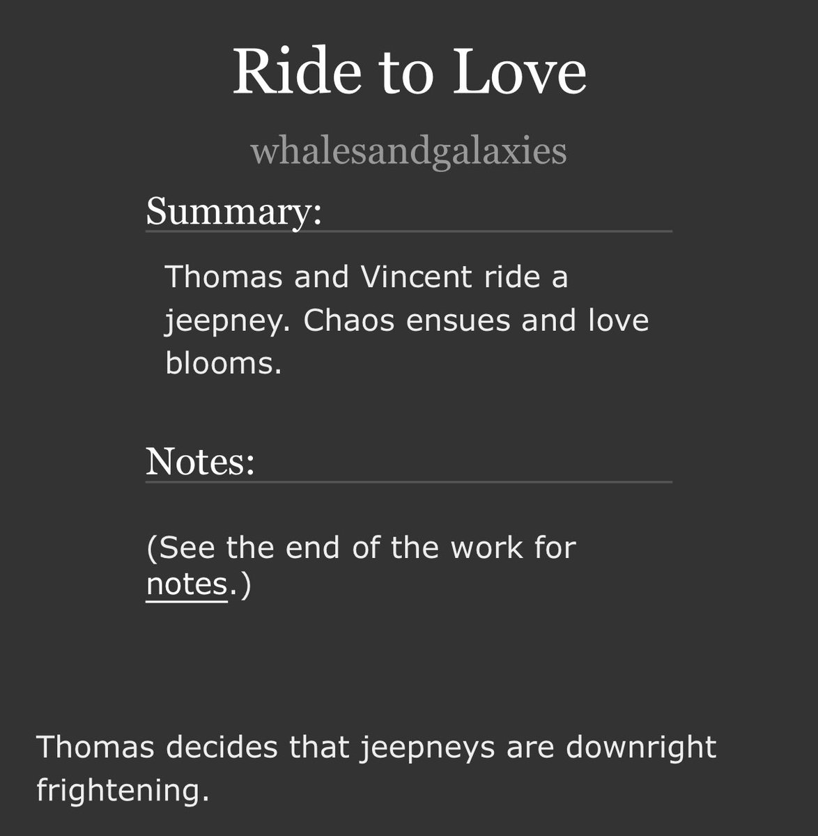 WGalaxies's tweet image. #PinoyclaveWeek2025
#PinoyclaveWeekDay2 
"Ride To Love"
#lawrenitez
Fluff and crack, developing relationship - chaos ensues, as jeepney rides often do
Link: archiveofourown.org/works/69797886