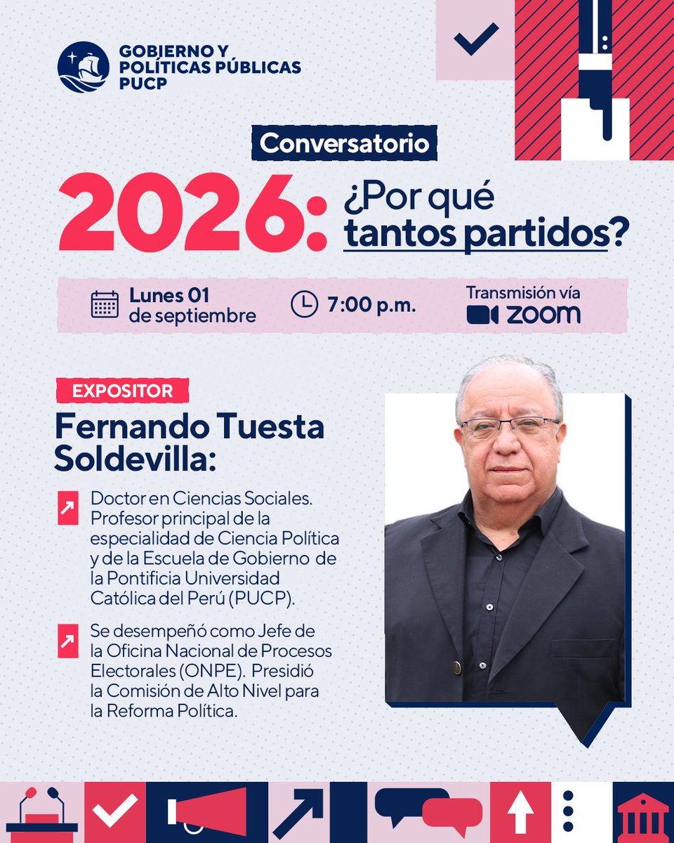 🇵🇪 Elecciones 2026 
¿Por qué hay tantos partidos en el Perú?
Este 1 de septiembre, 7:00 p.m., Fernando Tuesta Soldevilla analiza la fragmentación política de cara a las elecciones.
🔗 Regístrate: bit.ly/4hpHrQU
📚 En el marco del curso 👉 wa.link/cziwfr