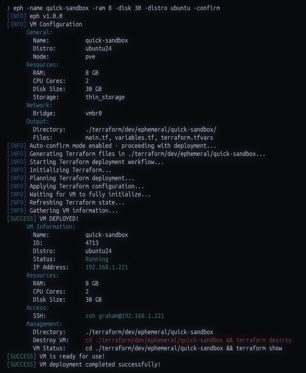 My homelab has been down for a while. I can't stress how nice this is to have it back with all my custom tooling.

Deploy a VM with terraform to proxmox with single command: 

eph -name quick-sandbox -ram 8 -disk 30 -distro ubuntu -confirm