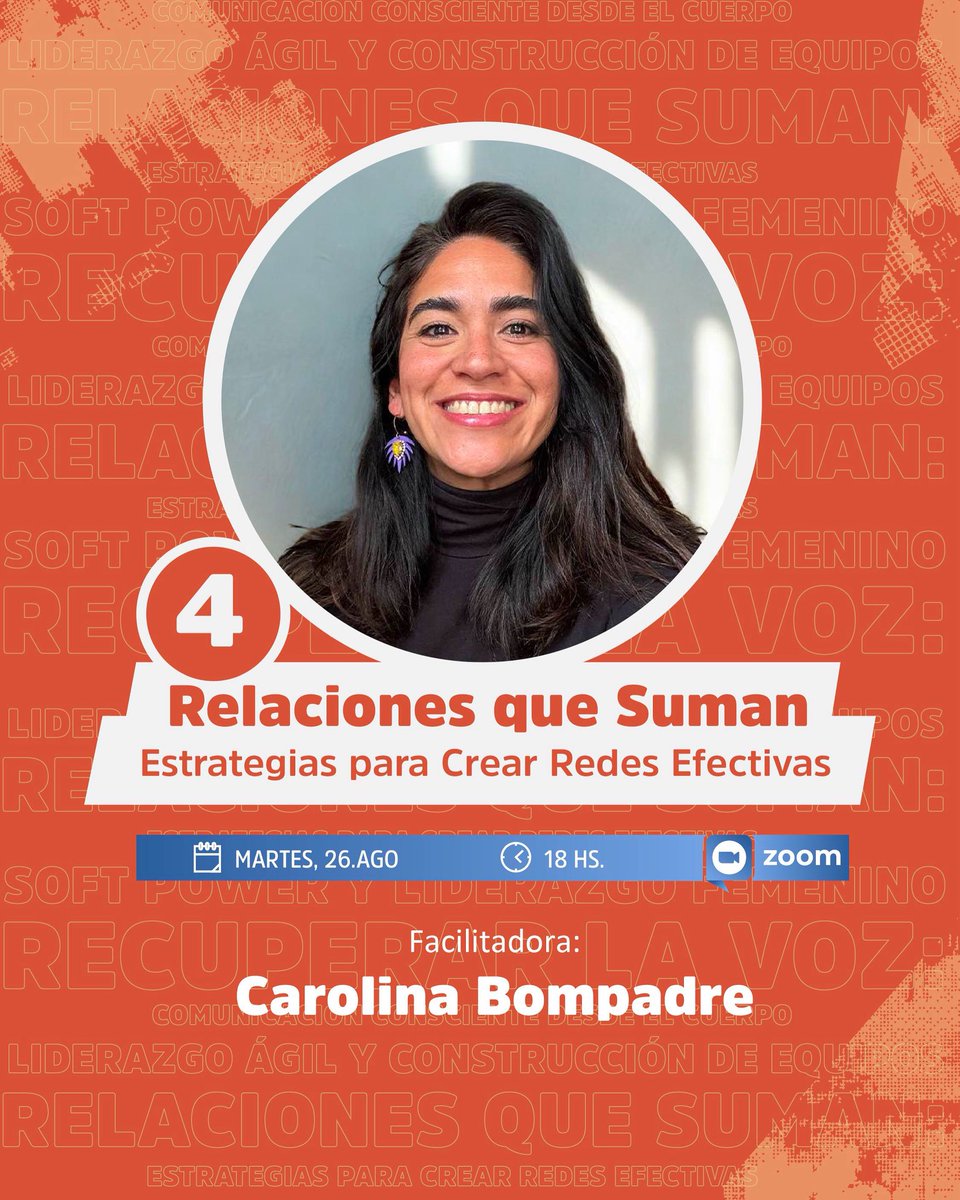 ⏰ ¡Mañana cerramos #LiderazgosEnAcción!
📅 Martes 26/8 – 18 hs | Zoom
🎤 Relaciones que Suman: Estrategias para Crear Redes Efectivas
Facilitadora: Carolina Bompadre
🤝 Liderar también es construir redes que potencien tu propósito.
🔗 forms.gle/LXoSsdRG8dyfru…