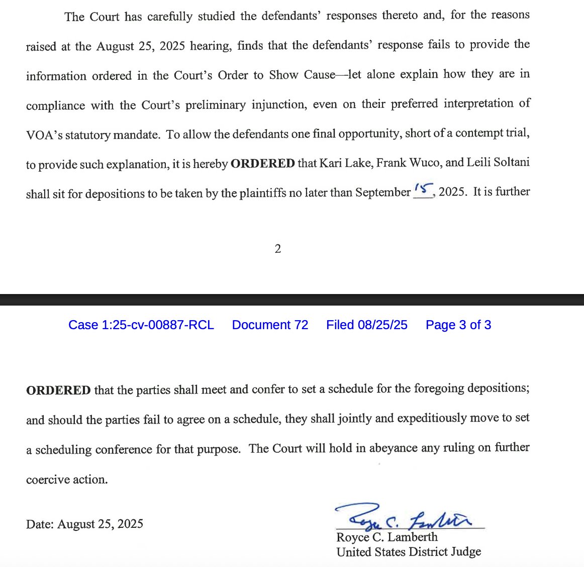 Kyle Cheney (@kyledcheney) on Twitter photo BREAKING: Judge Lamberth orders Kari Lake to sit for a deposition about whether she is operating Voice of America up to legal minimum standards.
He says this is "one final opportunity" before a contempt trial. BREAKING: Judge Lamberth orders Kari Lake to sit for a deposition about whether she is operating Voice of America up to legal minimum standards.
He says this is "one final opportunity" before a contempt trial.