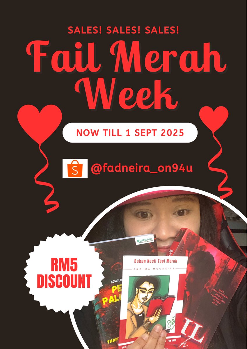 Mooneira's tweet image. ❤️ FAIL MERAH WEEK 🖤

FM is turning 3 this Friday, 29 August 2025 🥳🥳🥳 So I’m having an FM Sales this week 😍🤩 FM &amp;amp; 3 related books are on sales now. LINk➡️ shopee.com.my/fadneira_on94u

#FailMerah #FadimaMooneiraWriter👩🏻‍💻 #FMBookversary2025  #RomanceNovel   #BookCommunity