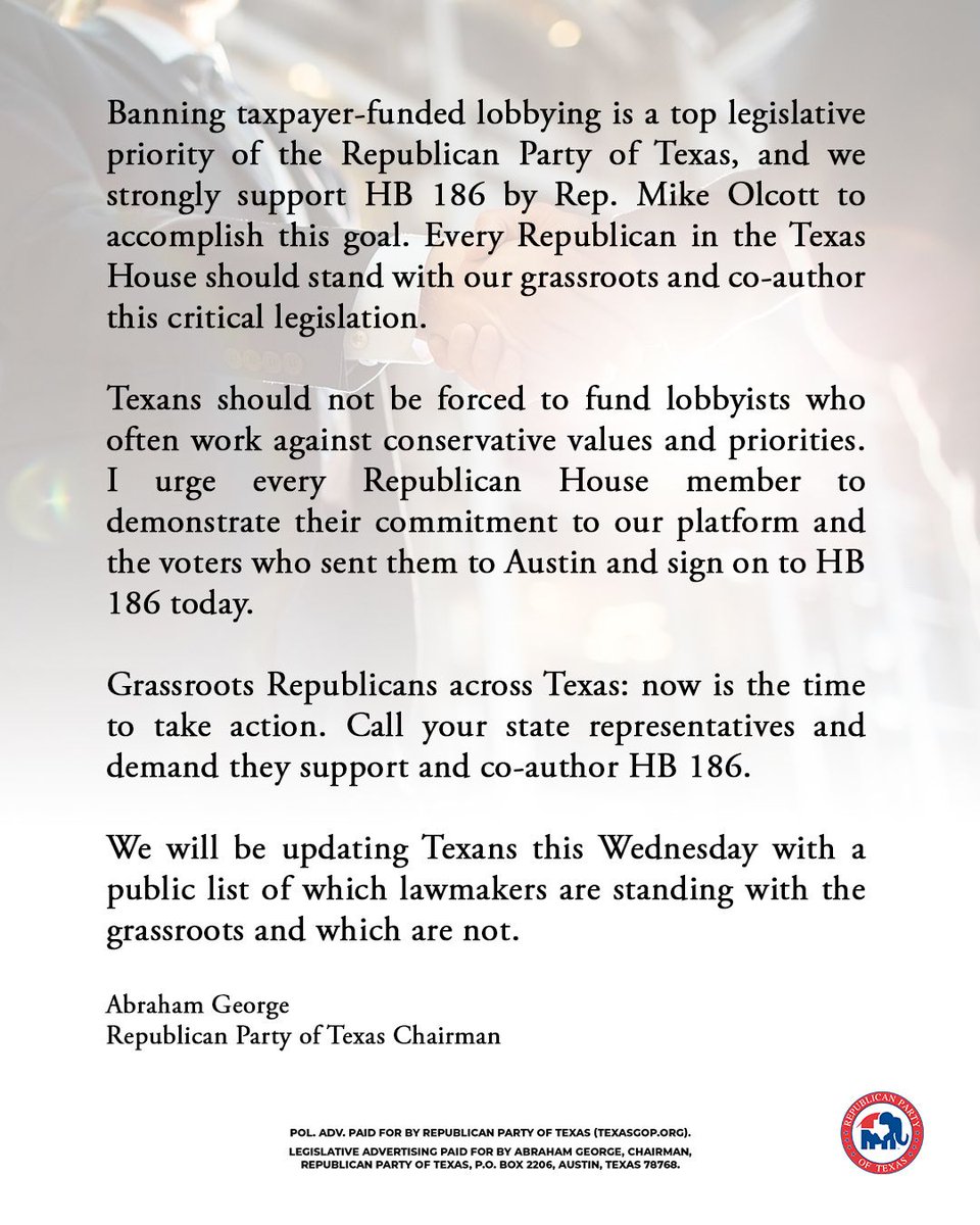 Statement in Support of HB 186 by Rep. Mike Olcott (<a href="/olcott4texas/">Mike Olcott</a>). Banning taxpayer-funded lobbying.