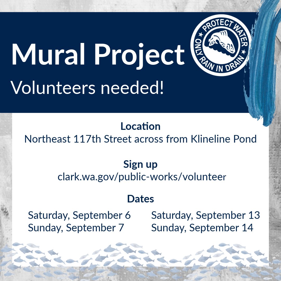 Support artists painting a new mural along Northeast 117th Street across from Klineline Pond! 🐟🌊

Volunteers are needed for a variety of duties. Volunteer shifts are available Saturdays and Sundays, Sept. 6,7, 13 and 14.

To sign up, visit clark.wa.gov/public-works/v….