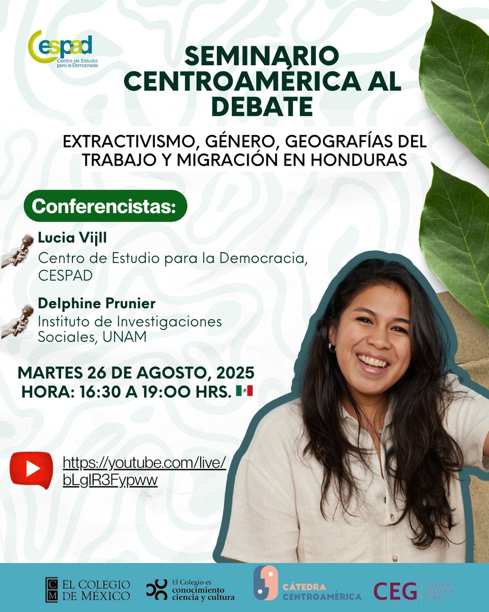 CESPAD (@cespad_honduras) on Twitter photo 🟢Este martes 26 de agosto, <a href="/LuciaVijilS/">Lucía Vijil S.</a> nos representará en el seminario "Centroamérica al debate: extractivismo, género, geografías del trabajo y migración en Honduras".
¡No te pierdas este importante espacio! 🟢Este martes 26 de agosto, <a href="/LuciaVijilS/">Lucía Vijil S.</a> nos representará en el seminario "Centroamérica al debate: extractivismo, género, geografías del trabajo y migración en Honduras".
¡No te pierdas este importante espacio!