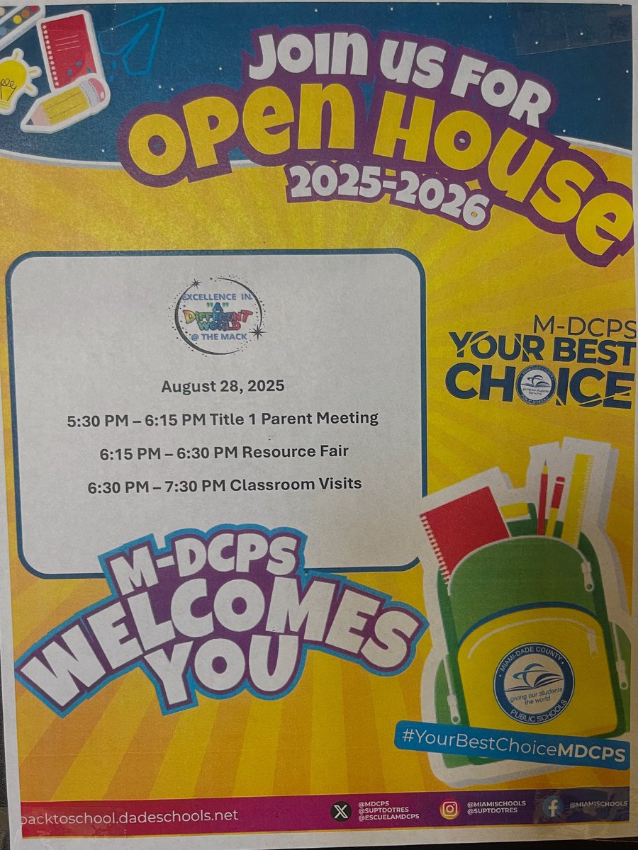 We are excited to welcome our families to Open House 2025–2026 at Dr. Henry W. Mack/West Little River K–8 Center! 💜💛

Come meet our amazing teachers, explore resources, and see the excellence happening in Our Different World at The Mack! 🌟
💫
#MDCPSYourBestChoice #TheMack