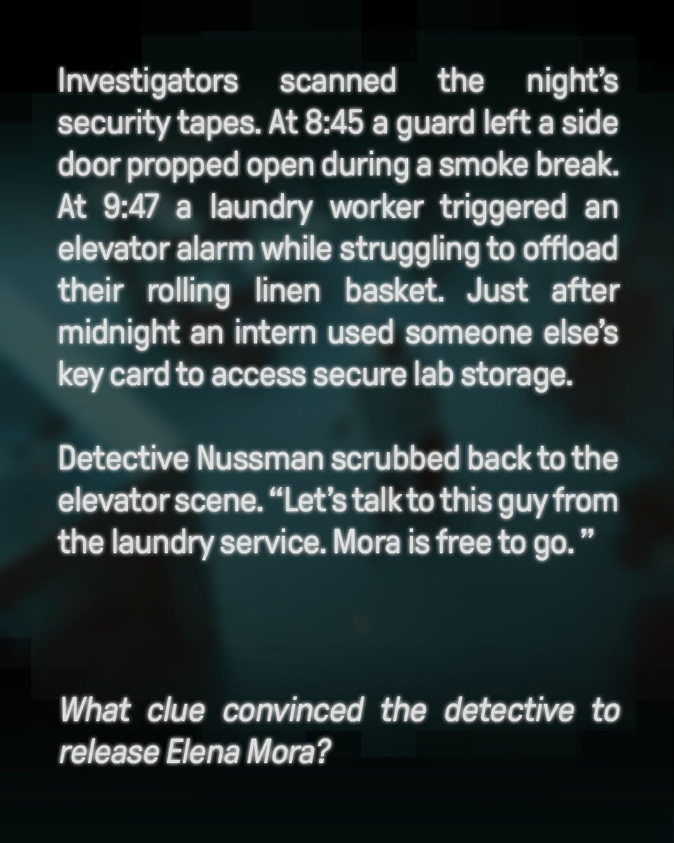 PublicEyeHQ's tweet photo. MINUTE MYSTERY: BURDEN OF PROOF
✦
What clue convinced the detective to release Elena Mora?
✦
Catch a criminal at https://t.co/5O6zavIvGA
✦
#publiceyegame #dailypuzzle #flashfiction https://t.co/1Wkj7Luuxl