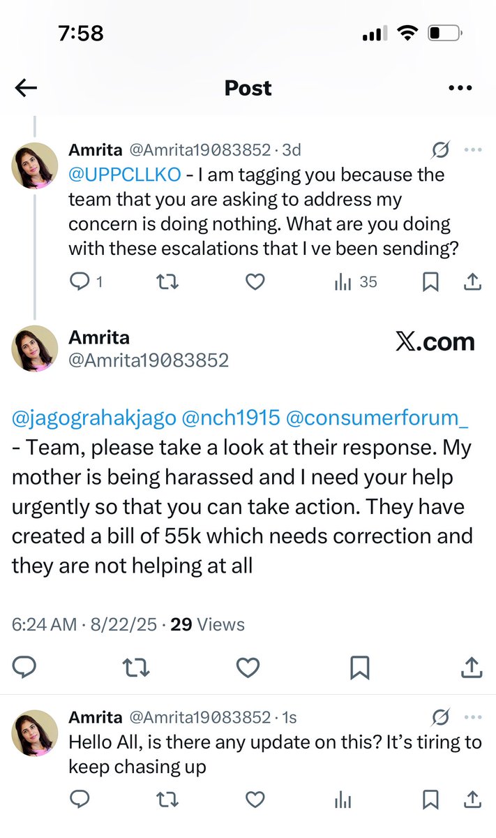 Amrita19083852's tweet photo. @UPPCLLKO - Team you are just forwarding my issues but there is no resolution provided even after 1 month of complaining. @jagograhakjago @Helpageindia @myogiadityanath @narendramodi . I need justice and answer from you all for troubling an old lady https://t.co/pdTx5hI7NA
