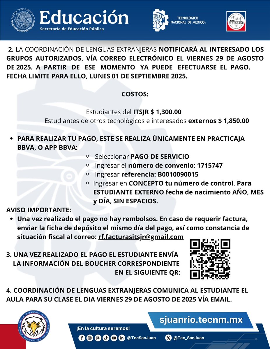 Ya está abierta la Convocatoria para el Curso de Inglés

📌Revisa la información y regístrate ya:

👉 Registro: bit.ly/4mzeuoP

👉 Comprobante de pago: bit.ly/4mYDSE7

No dejes pasar la oportunidad de mejorar tus habilidades en el idioma inglés.