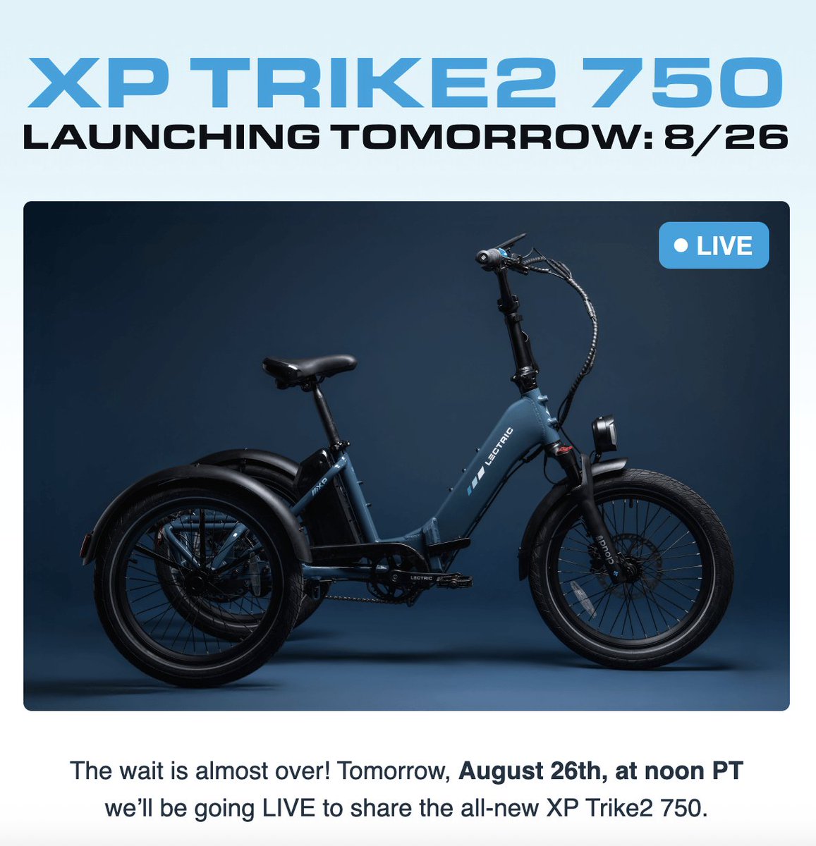 lectricebikes's tweet image. The XP Trike2 750 is almost here!

Join us tomorrow, 8/26, at 12 PM PT on Facebook or YouTube for a Lectric Livestream to celebrate its release - and for a chance to win your own XP Trike2!

youtube.com/@LectriceBikes
facebook.com/lectricebikes/