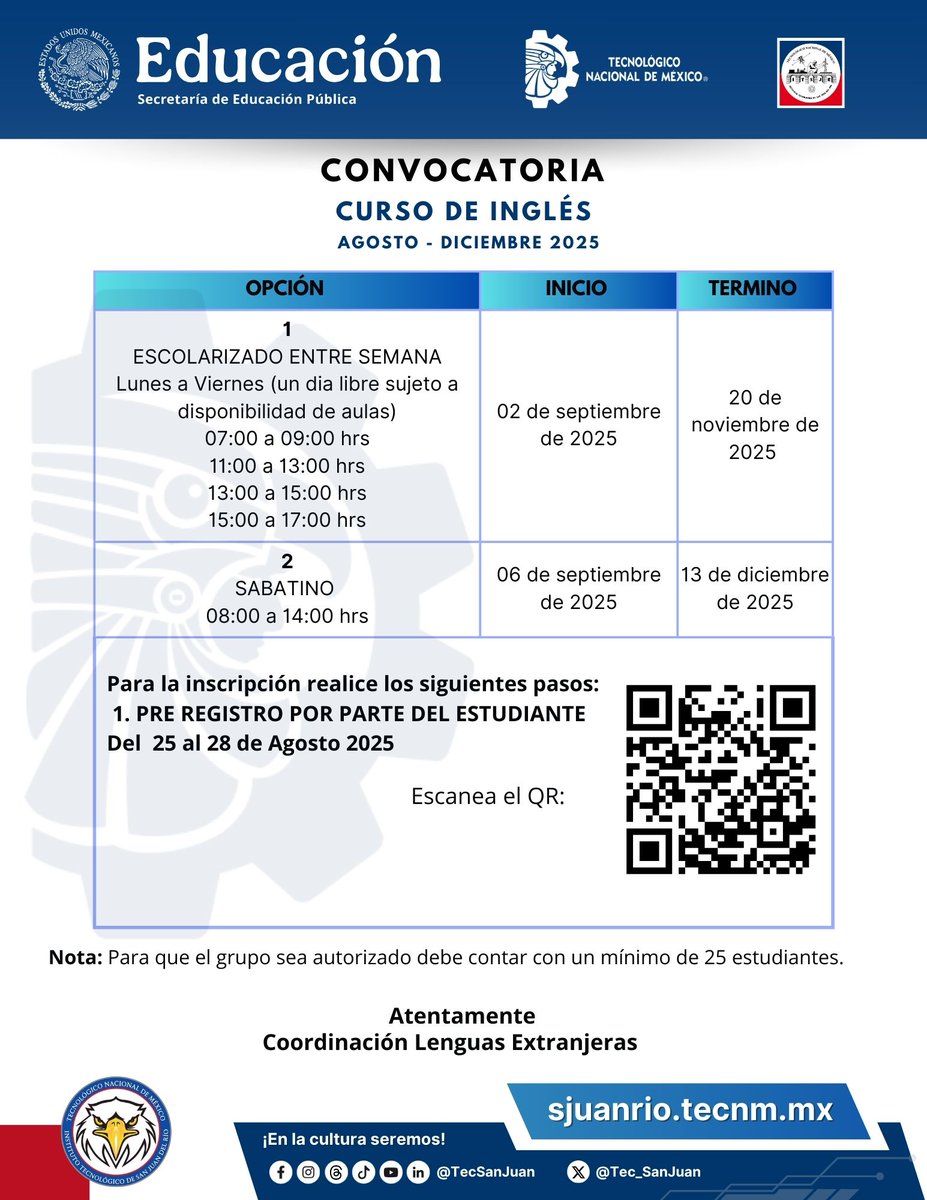 Ya está abierta la Convocatoria para el Curso de Inglés

📌Revisa la información y regístrate ya:

👉 Registro: bit.ly/4mzeuoP

👉 Comprobante de pago: bit.ly/4mYDSE7

No dejes pasar la oportunidad de mejorar tus habilidades en el idioma inglés.