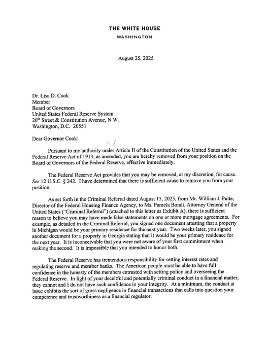 🔵MARKETEVANS: "Lisa Cook respinge le accuse di licenziamento da parte di Trump e ribadisce il suo impegno per l'economia americana"
