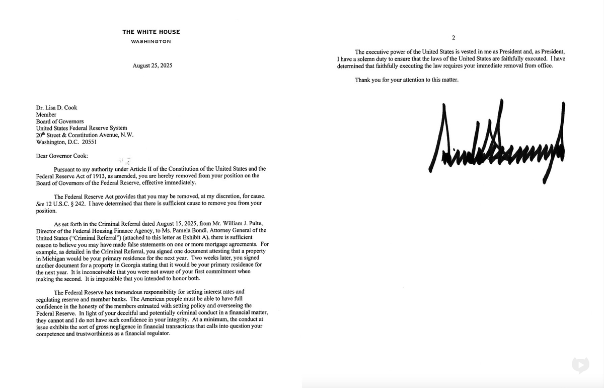 JUST IN - Trump fires Lisa Cook from the Federal Reserve Board of Governors for "deceitful and potentially criminal conduct."