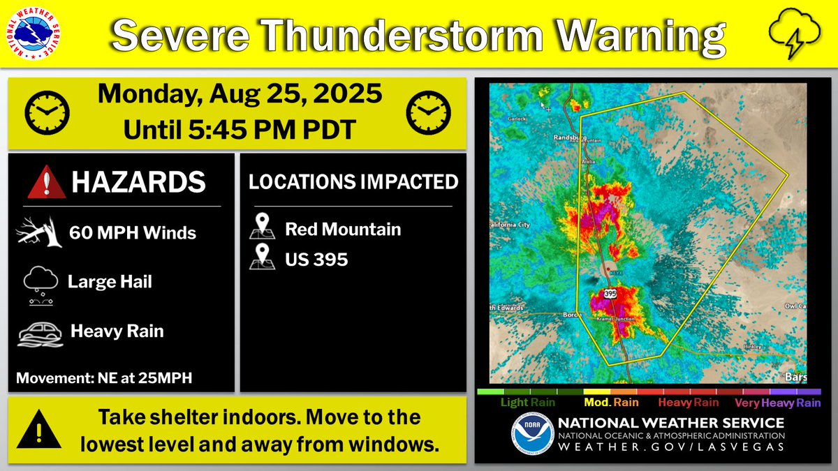NWSVegas's tweet photo. ⚠️Severe Thunderstorm Warning
📍Western San Bernardino County– Red Mountain / Randsburg
⏰Until 5:45 PM PDT
⛈️Showers & storms may produce gusts over 58mph. Hail is also possible along with heavy rainfall.
#CAWX #RedMountain https://t.co/FiwlU2Xuaa