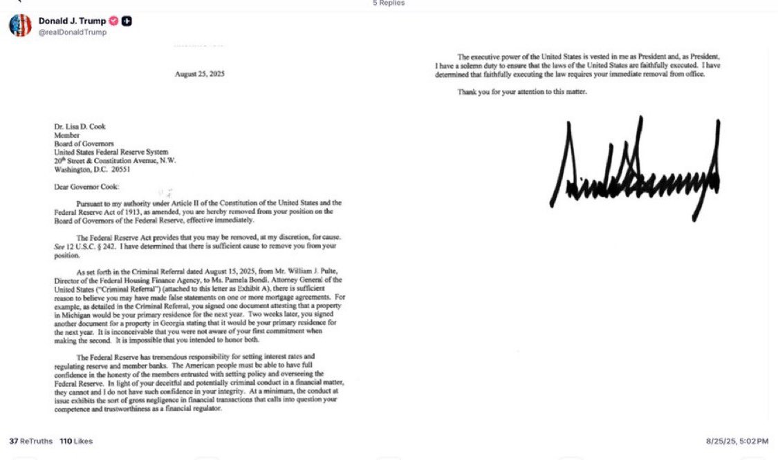 BREAKING: Donald Trump just fired Federal Reserve Governor Lisa Cook. This is an appalling attack on the independence of the Federal Reserve. We are headed for serious trouble as a country.