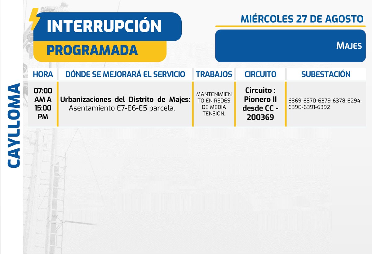 SealArequipa's tweet image. #InterrupciónProgramada🔌
🗓 MIÉRCOLES 2️⃣7️⃣ DE AGOSTO
⚡ Trabajos en el suministro eléctrico en algunas zonas de:
📍 Cerro Colorado, Cayma [Provincia de #Arequipa]
📍Mollendo [Provincia de #Islay]
📍Majes [Provincia de #Caylloma]