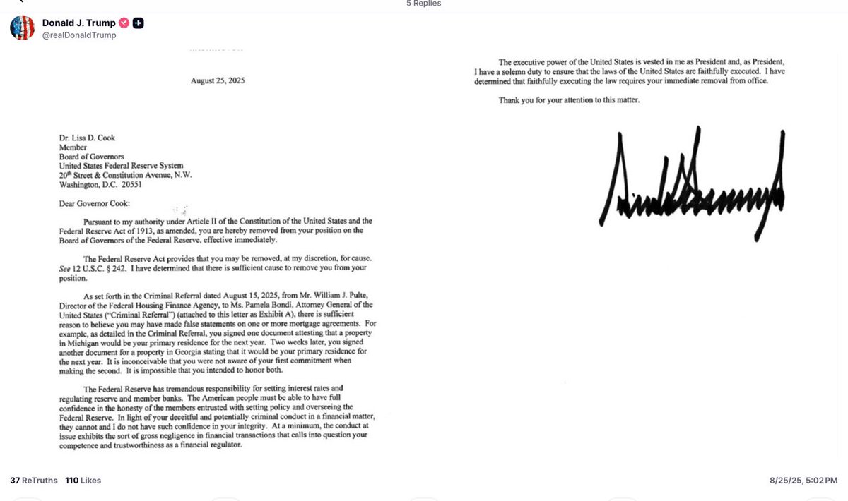 Donald Trump just announced that he fired Federal Reserve Governor Lisa Cook, which is blatantly unconstitutional and authoritarian. This should be challenged in court ASAP!