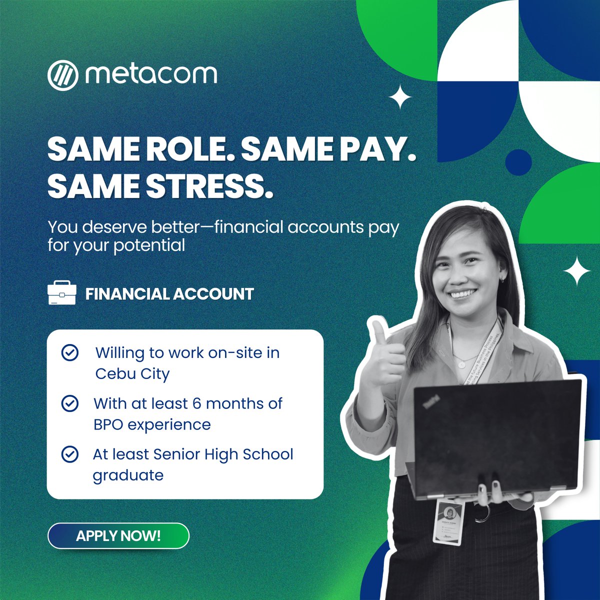MetacomCareers's tweet image. CSR needed! 💼✨

📍 Cebu – Financial Account
✔ At least SHS graduate
✔ With 6 months of BPO experience
✔ Amenable to work on-site in Cebu

👉 Don’t settle for less—apply today and step into a career that values you.

#cebujobs #financialaccount #bpohiring #metacomcareers