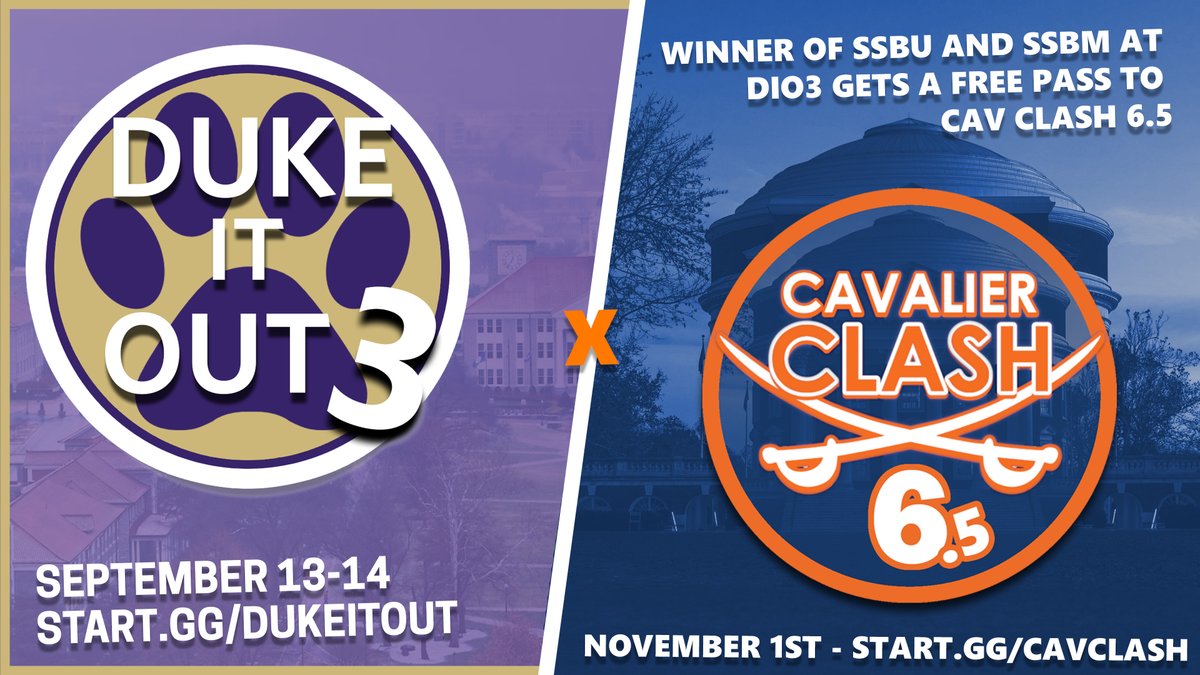 Things are heating up!!

The winners of Super Smash Bros. Titles @ Duke It Out 3 will receive a FREE PASS to <a href="/CavClashVA/">Cavalier Clash 6.5 🔜 11.1.2025</a>!!

Come get this semester started with us on 9/13 at JMU!!!!
