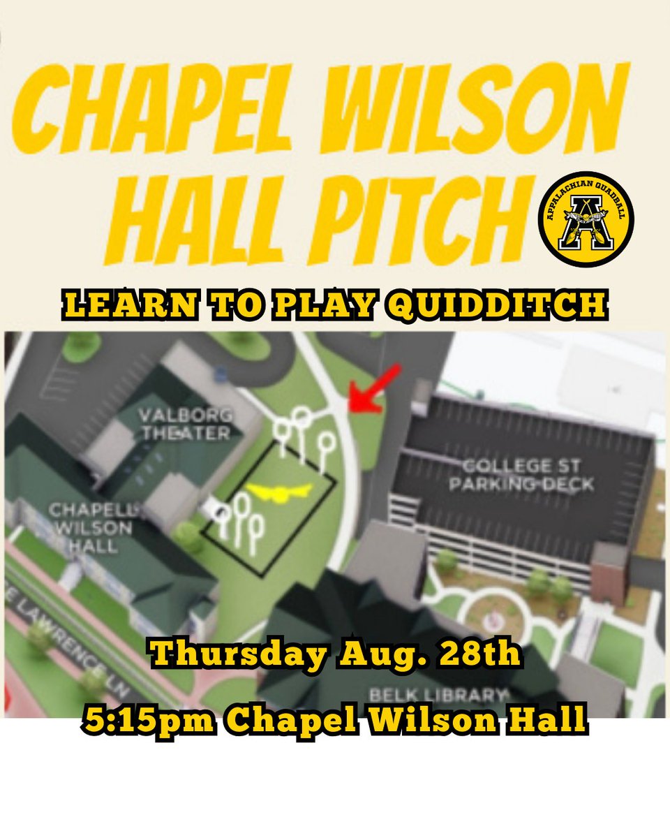Learn to Play Quidditch with the Appalachian State Quadball Club. This Thursday August 28th at 5:15pm at Chapel Wilson Hall Pitch. Bring running shoes and waterbottle!!