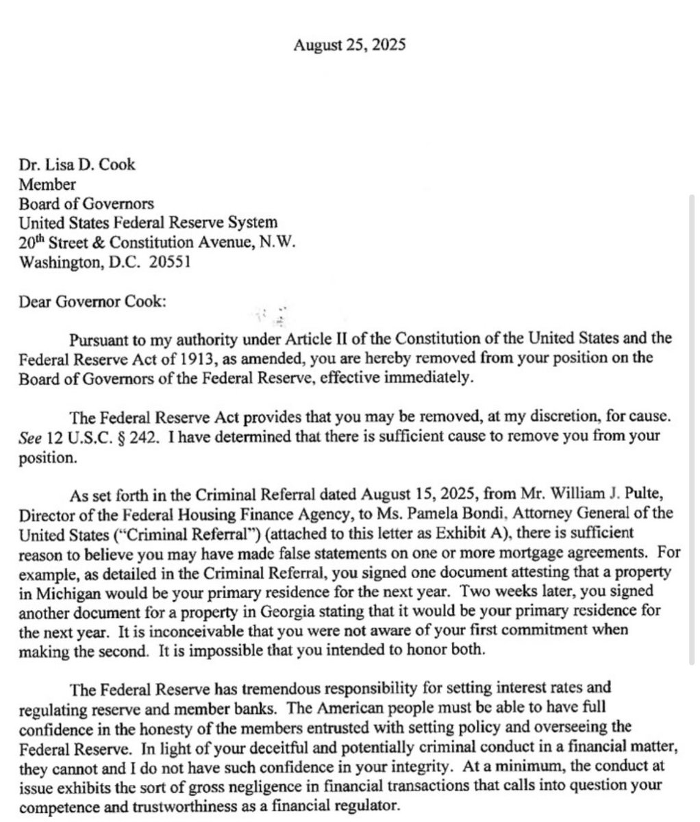 Trump says he is removing Fed Governor Lisa Cook from her position in a  post on his social media account