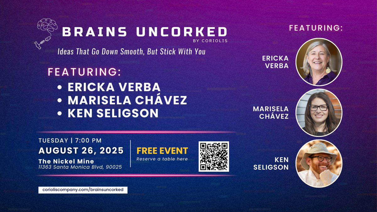 CoriolisCo's tweet image. (1/3) Ready for another night of big ideas with a punch? #BrainsUncorked returns tomorrow, August 26!

#AcademicTalks #ThingsToDoInLA