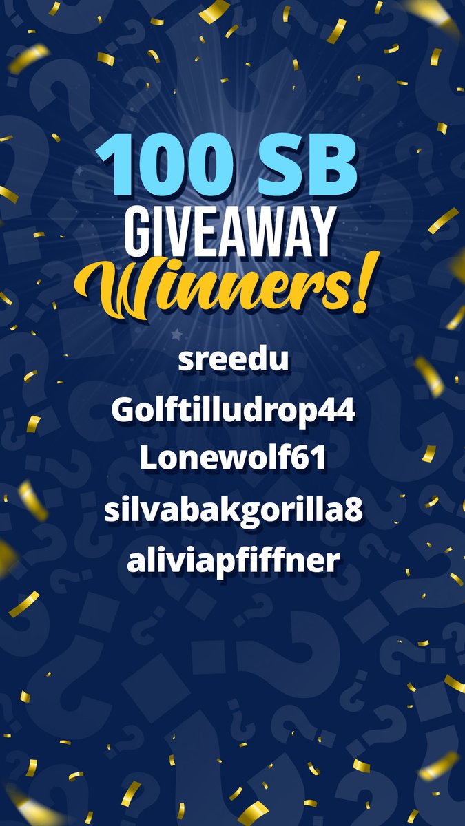 Congratulations to the winners of Thursday's Daily Trivia Live 100 SB giveaway!

5 players from today's game were drawn - play Tuesday's TV game to find out if you're one of them and get 3 Free Rejoins for playing...

Don't have the app? Get in the game at swagbucksdailytrivia.com