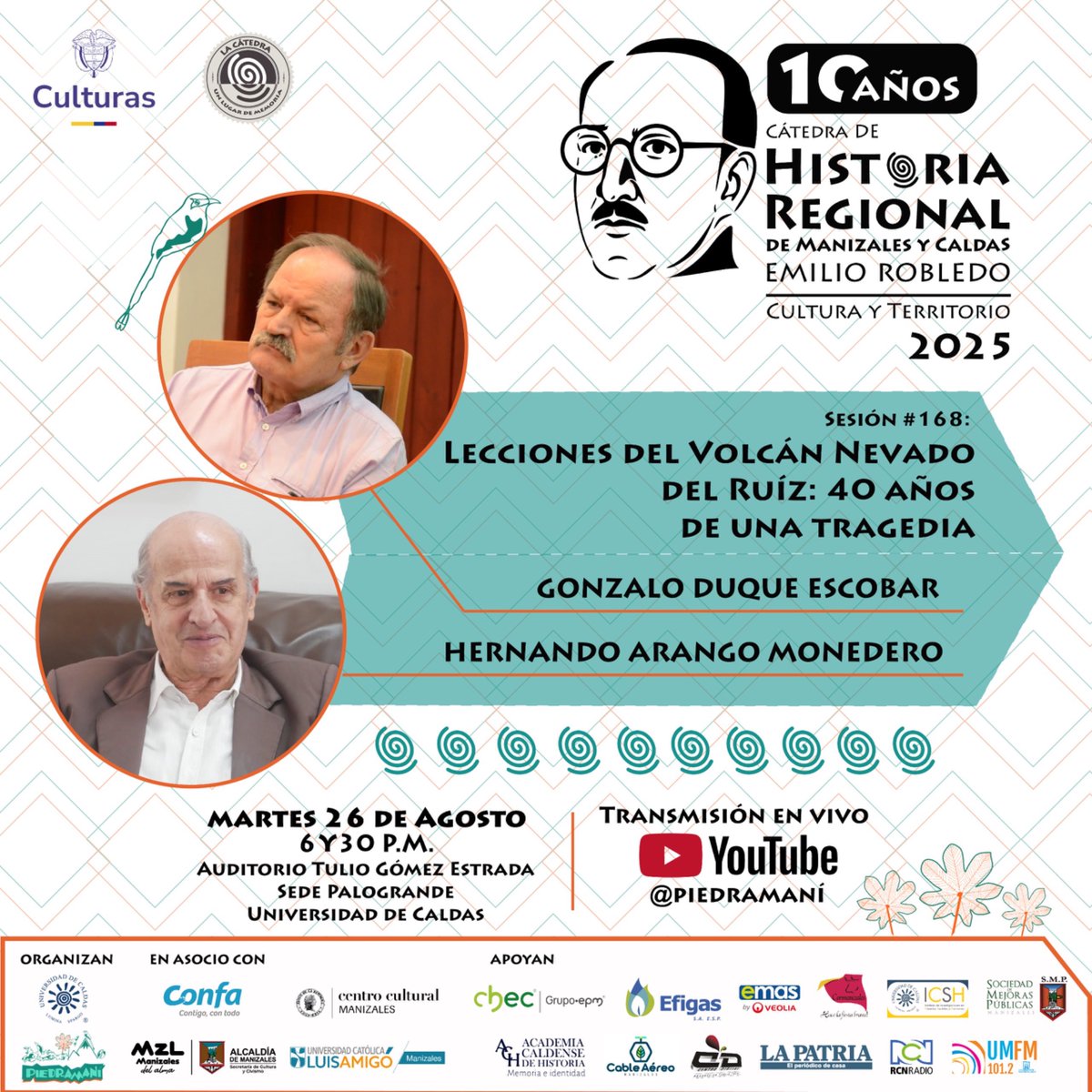 40 años de una inolvidable tragedia. ¿Qué hemos aprendido? Invitan 
<a href="/udecaldas/">Universidad Caldas</a> <a href="/confacaldas/">Confa</a> <a href="/CHECGrupoEPM/">CHEC Grupo EPM</a> <a href="/EMASManizales/">EMAS Manizales by Veolia</a> <a href="/efigas_oficial/">Efigas Oficial</a> <a href="/Banrepcultural/">Banrepcultural</a> <a href="/CiudadManizales/">Alcaldía de Manizales</a> <a href="/mincultura/">MinCultura Colombia</a> <a href="/lapatriacom/">Periódico LA PATRIA</a> <a href="/EmisoraUMFM/">UM FM</a> <a href="/uluisamigomls/">Universidad Católica Luis Amigó - Manizales</a>. los esperamos!