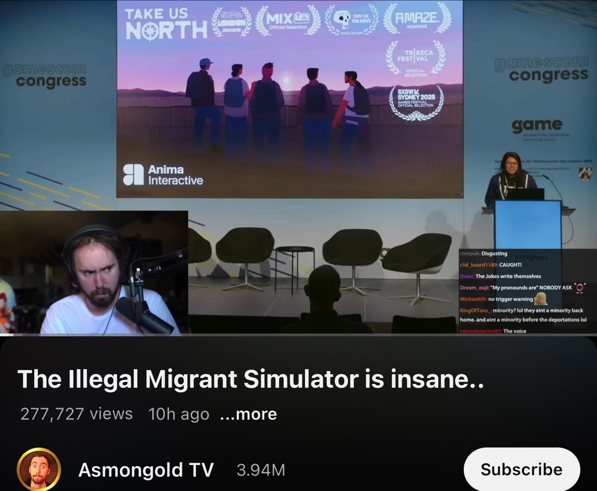 Awk20000's tweet photo. The company behind “Take Us North” deactivated their Twitter after Asmongold dropped a reaction video to their game about migrants and asylum seekers https://t.co/e5bIr1gDAG