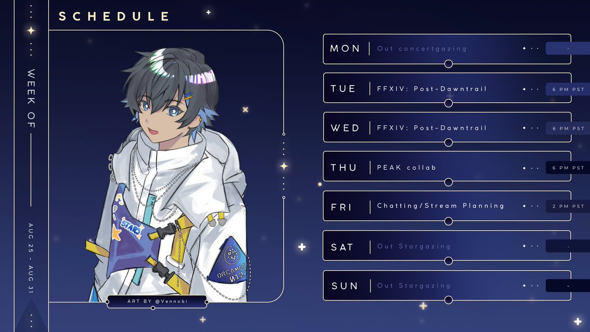 Ryusei๐ซSolaris (@ryuseisolaris) on Twitter photo ๐Stream Schedule Aug 25 - Aug 31๐
PEAK AGAIN?! WE LIVE TO CLIMB
And REACHING THE "To Be Continued" Quest in FF!
T: #FFXIV #DAWNTRAIL
W: #FFXIV #DAWNTRAIL
Th: #PEAK w/ <a href="/Articsong_VT/">Articsong โ๏ธ๐ต Winterwoods Bard</a> <a href="/astr0sei/">astro sei</a> <a href="/Mae7H/">Mae ๐๐ฐ | Android Astrologian</a>
F: #JustChatting Stream planning! ๐Stream Schedule Aug 25 - Aug 31๐
PEAK AGAIN?! WE LIVE TO CLIMB
And REACHING THE "To Be Continued" Quest in FF!
T: #FFXIV #DAWNTRAIL
W: #FFXIV #DAWNTRAIL
Th: #PEAK w/ <a href="/Articsong_VT/">Articsong โ๏ธ๐ต Winterwoods Bard</a> <a href="/astr0sei/">astro sei</a> <a href="/Mae7H/">Mae ๐๐ฐ | Android Astrologian</a>
F: #JustChatting Stream planning!