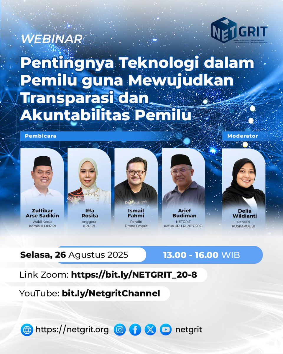 Webinar

“Pentingnya Teknologi dalam Pemilu guna Mewujudkan Transparansi dan Akuntabilitas Pemilu”

Selasa, 26 Agustus 2025
13.00 – 16.00 WIB

Saksikan di YouTube Netgrit

#Netgrit #Pemilu #TeknologiPemilu 
<a href="/HadarNG/">Hadar Nafis Gumay</a>