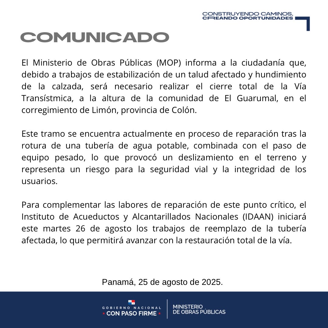 MOPPma's tweet photo. El MOP informa a la ciudadanía que, por trabajos de estabilización de talud y reparación de hundimiento, se realizará el cierre total de la vía a la altura de El Guarumal, corregimiento de Limón. https://t.co/8ovnl5D29z