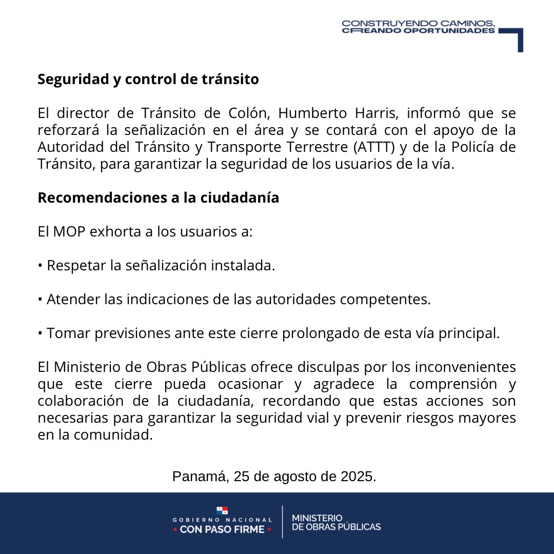 MOPPma's tweet photo. El MOP informa a la ciudadanía que, por trabajos de estabilización de talud y reparación de hundimiento, se realizará el cierre total de la vía a la altura de El Guarumal, corregimiento de Limón. https://t.co/8ovnl5D29z