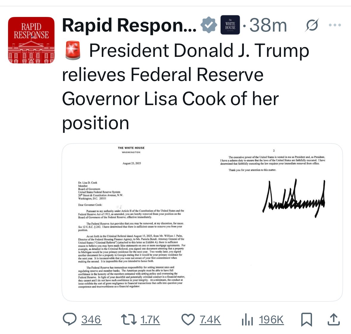 This effectively gives Trump control of the Federal Reserve. 

Welcome to the third world.