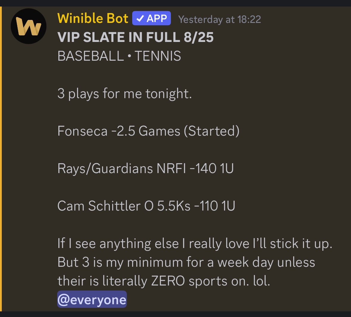 TopGoose's tweet image. 3-0 MONDAY SWEEP 🧹 ‼️ 

▫️50% OFF ACTIVATED FOR 24 HOURS

Fonseca-2.5 Games ✅
NRFI Rays/Guardians ✅
Schittler O 5.5Ks ✅ (7 so far)

3-0 SWEEP 🧹 50% OFF ACTIVATED SO EVERYONE can CASH 💴

ITS 1$ a day! 🔥🤍

CODE - SWEEP (Monthly &amp;amp; above subs)
winible.com/checkout/14854……