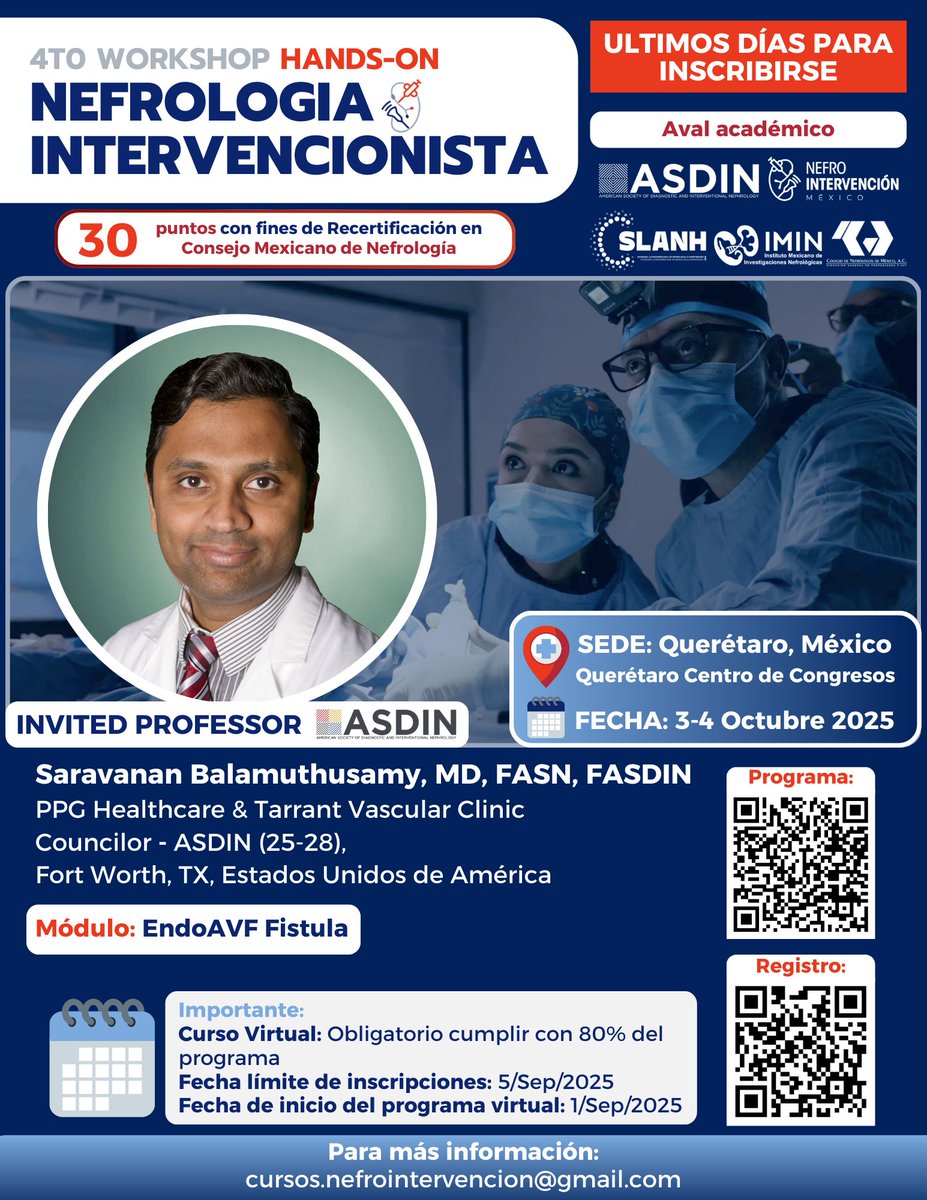 Encantados de tener con nosotros a un profesor de lujo de <a href="/ASDINNews/">ASDIN</a> 

👨‍🏫 Saravanan Bala MD, FASN, FASDIN
📌 Módulo: EndoAVF Fistula

🚨 ¡Últimos días para inscribirse! 
📍 Querétaro, México 🗓️ 3-4 Oct 2025

➡️ Registro: tinyurl.com/NefroMX
#NefrologiaIntervencionista #ASDIN