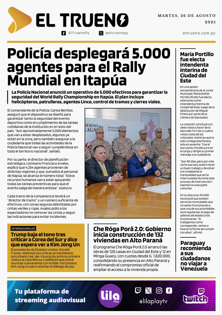 🗞¡Buenos días! Esta es nuestra tapa de hoy Martes 26 de Agosto. ¡Todas estas noticias y muchas más las encontrás en eltrueno.com.py!

🤳No te olvides de seguirnos en nuestro canal de WhatsApp 👉🏼whatsapp.com/channel/0029Va…