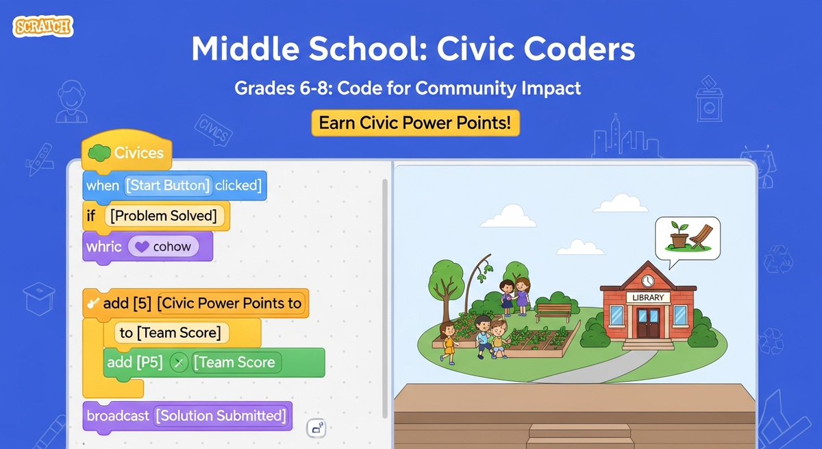 MARQUISCOTTON16's tweet image. 8 Middle School: Civic Coders
Grades 6-8 start block-based coding to solve community problems. They earn their first Civic Power points for real contributions.
💻 Learning computational thinking + civics.
#CodingForGood #CivicTech