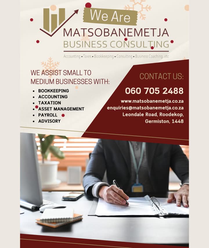 #AD
⬜MATSOBANEMETJA BUSINESS CONSULTING🔸

⚜️It's time to take your business to the next level🔸

⚜️For: Growth | Compliance |Regulatory | Governance🔸

⬜LET'S ACCOUNT ON YOUR BEHALF‼️

⬜@matsobanemetja_bc - we assist small to large enterprises with the following services: