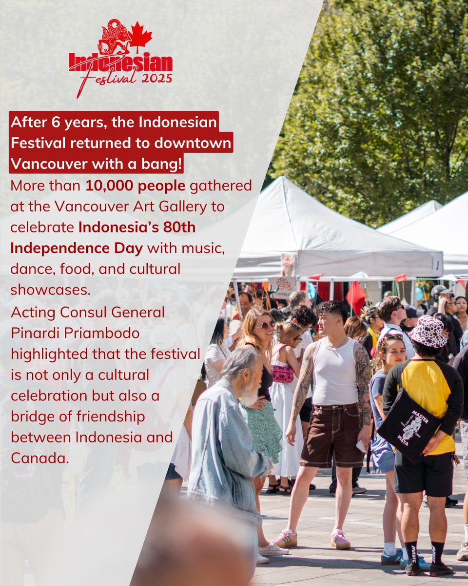 indonesiainvc's tweet photo. 🇮🇩 Indonesian Festival 2025 made a vibrant comeback in Vancouver!
Over 10,000 visitors celebrated Indonesia’s 80th Independence Day with culture, music, and culinary delights at the Vancouver Art Gallery.
A true day of unity and celebration. 🌏✨

https://t.co/mFbc8W6wcZ https://t.co/gRszdbBqG2